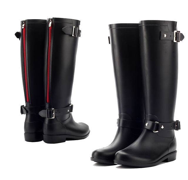 Модные женские черные резиновые водонепроницаемые Нескользящие кожаные сапоги до колена