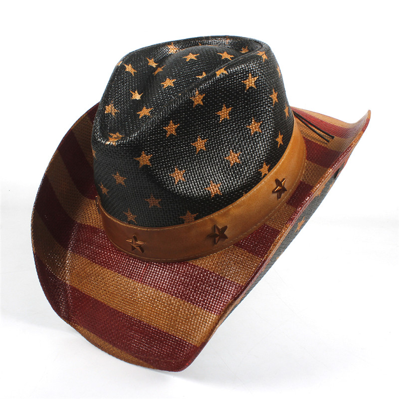 Men's Paper Straw Texas Cowboy Hat USA American Flag Painting Straw Hat Shapable Brim Sombreros US Flag Straw Cowboy Hat