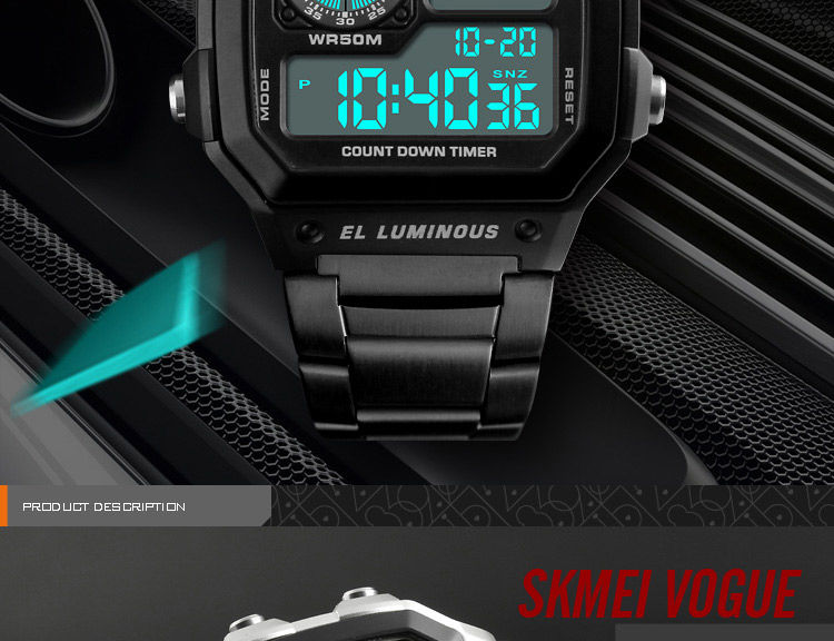 Rose Gold Digital Men's Watch with Stainless Steel Strap 50m