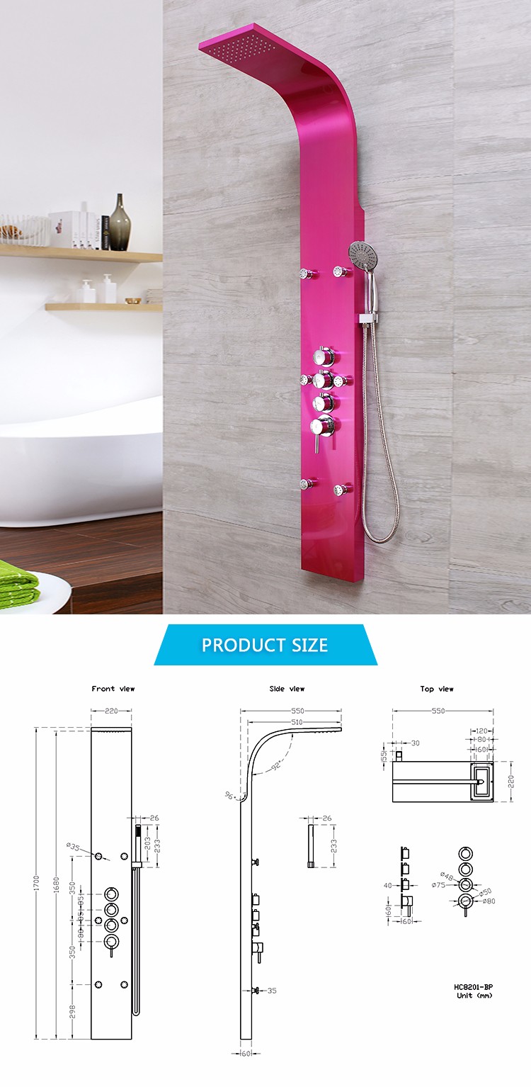 Best selling pink color good quality stainless steel shower panel column system set manufacturing factory