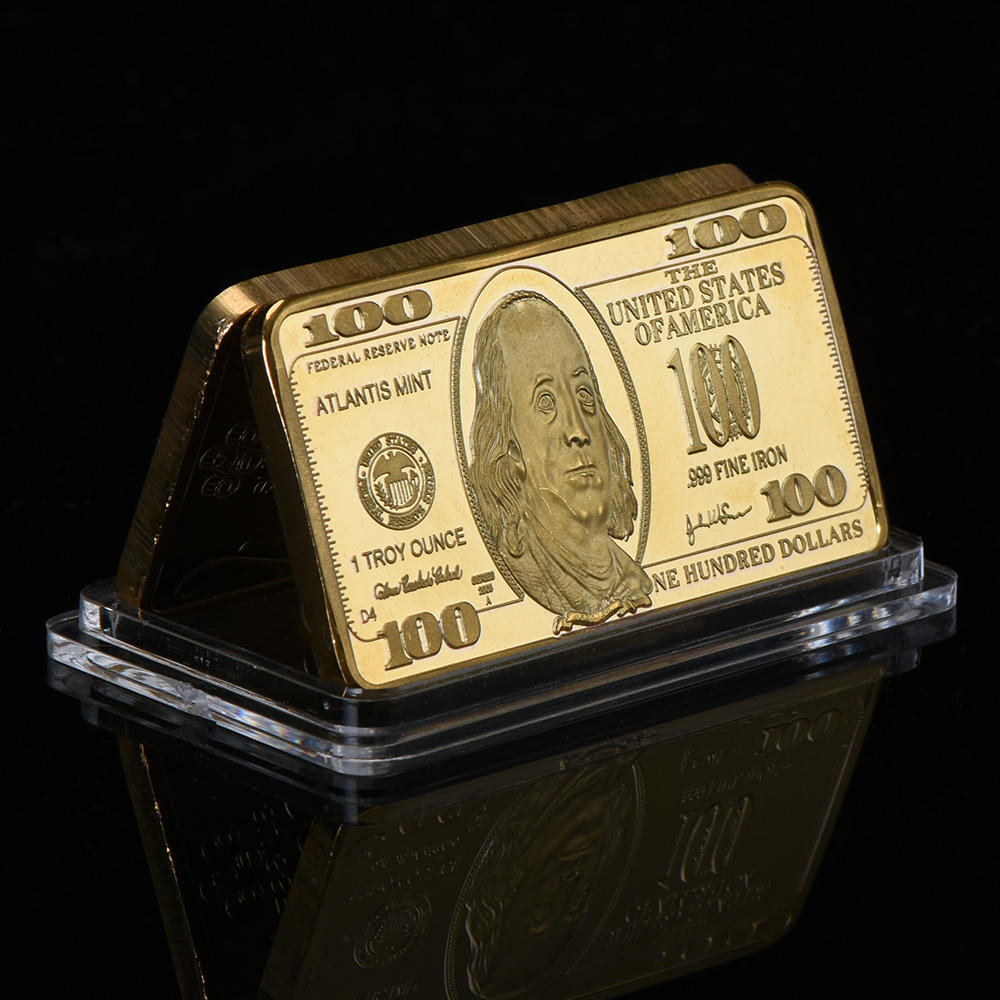 1000 Dollar Gold Bar 999 Gold Plated Challenge Bars with USD 1000 Plastic Card