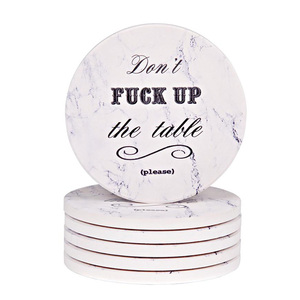 Coasters for Drinks 6-Piece Funny Absorbent Stone Ceramic Coasters Set White Marble Style Coaster for Drink with Cork Backing