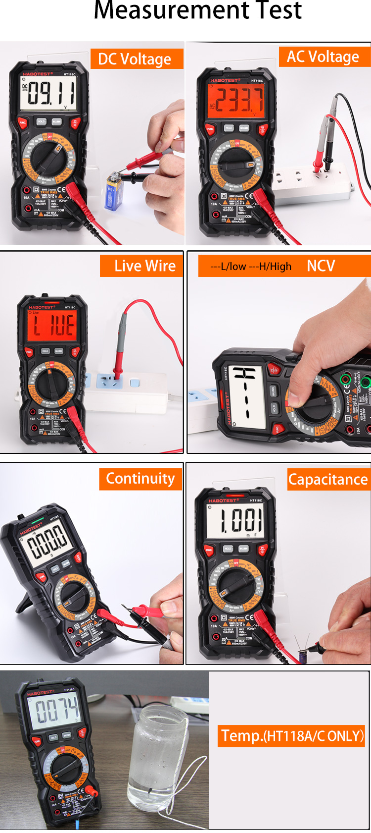 High Precision HABOTEST HT118C Capacitance Resistance Current Voltage T-RMS Digital Multimeter