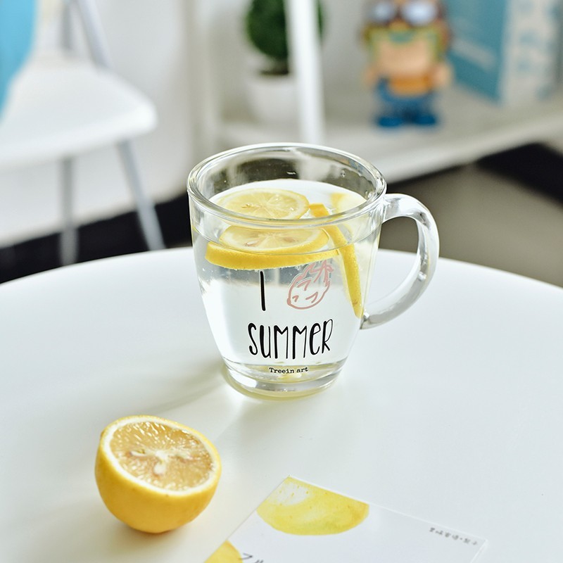 Decoration 13oz glass tea cups with handle flower printing glass  mug