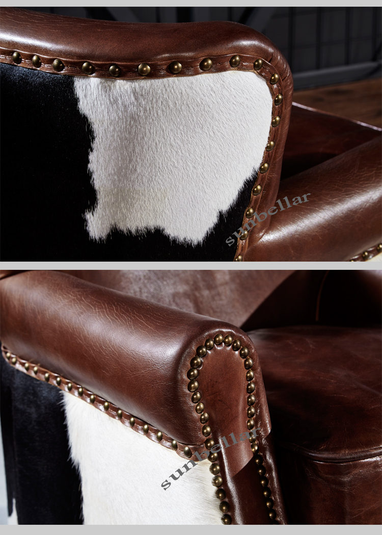 luxury vintage cowhide leather armchair with cow fur leather back lounge sofa chair single royal chair for living room furniture