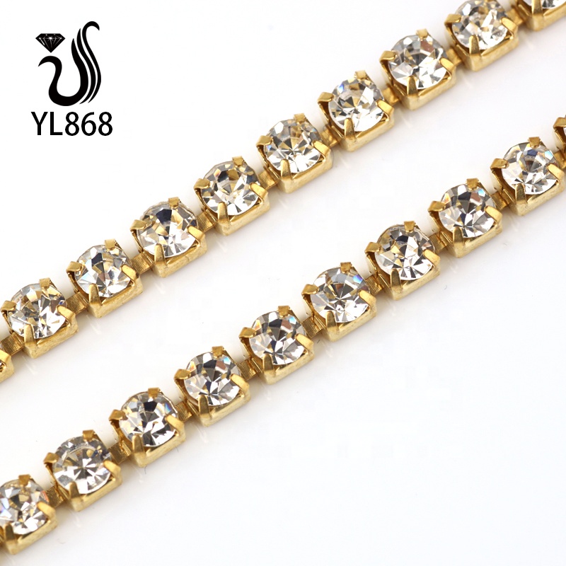 1m Diamante//Rhinestone Crystal 4 row Chain Trim Lace Gold Base China A Quality