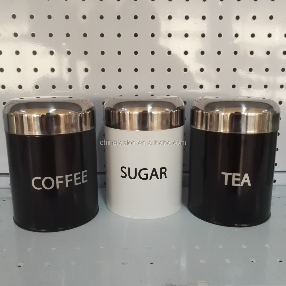 3PC Canister Set Stainless Steel Coffee Tea Sugar Jar Lid Kitchen Storage Black Can