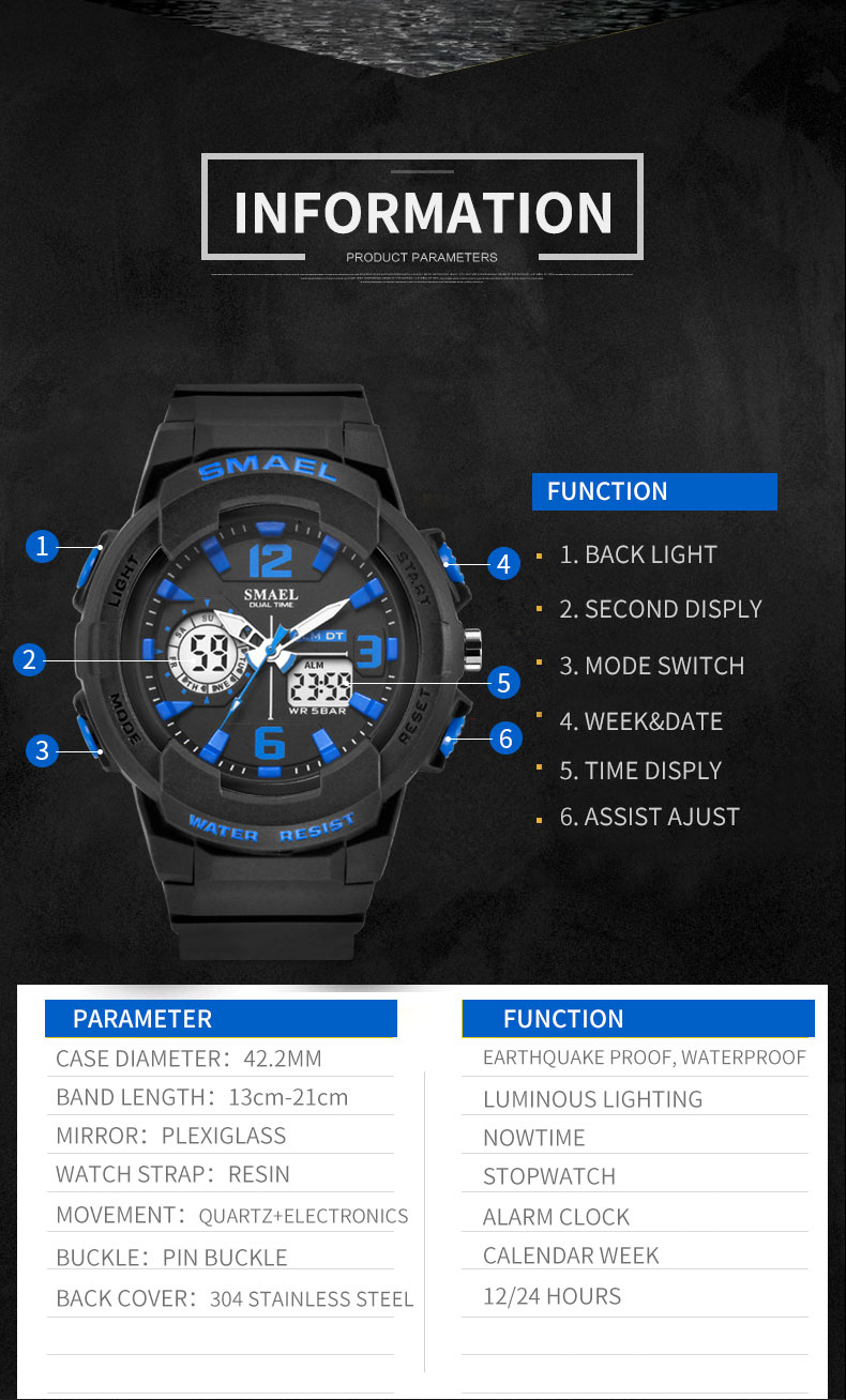 SMAEL water resistant watch sports dual display plastic double display wrist watch 1645