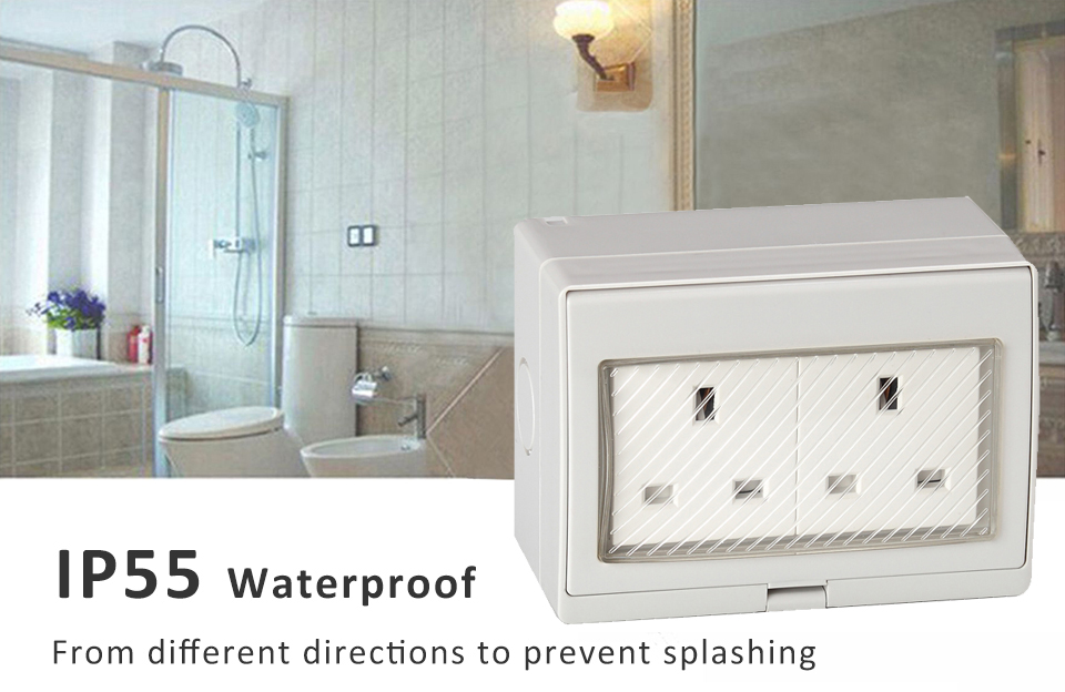WST-2S IP55 British Type Wall 13A Waterproof 2 Gang Socket