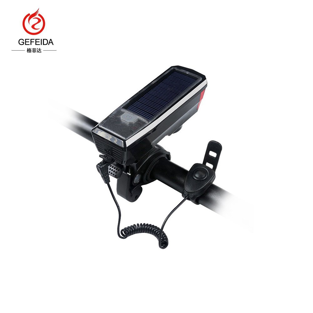 LED Bike Cycling Solar USB Charging Front Head Warning Flashlight Lamp with Horn