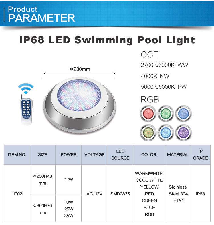 12V waterproof ip68 wall mounted stainless steel 12w 18w 25w 35w 45w pool light Pond Light Outdoor RGB Led Piscina Luz Spotlight submersible led lights with remote