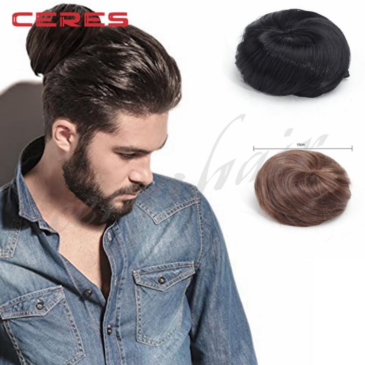 Fashion Original Clip On Man Bun Wig Natural Black Color Mens Wigs