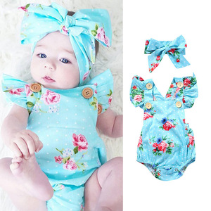 Hao Baby Clothes Children's Clothing Spring 1-3 years old Baby Conjoined Clothes Romper Summer 2019 Blue Flowers Newborn Clothes