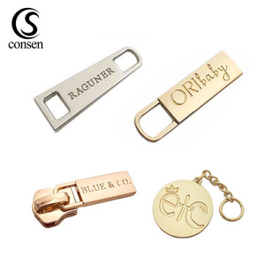 Handbag accessory customized brand logo embossed made metal zipper puller with slider for bags/clothing