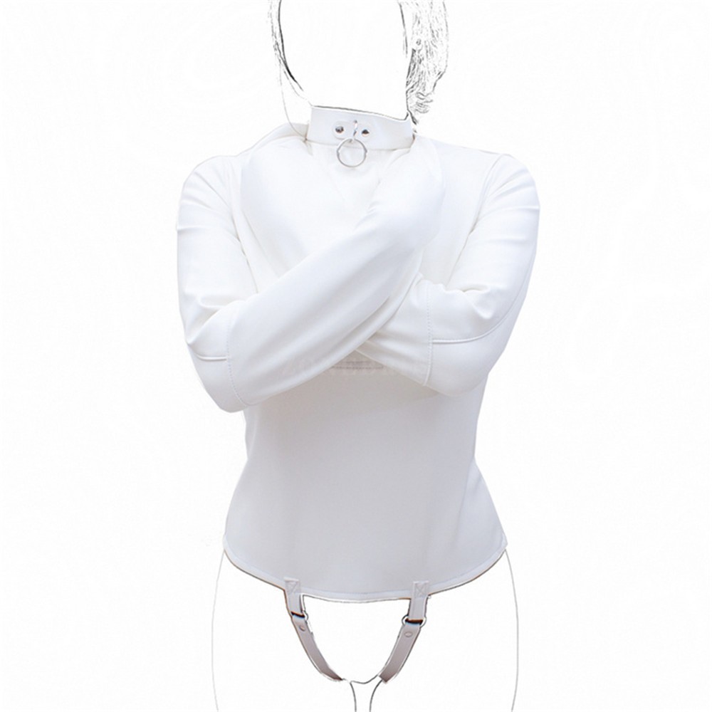 白色pu皮革严格束缚束缚紧身衣女手束缚服装bdsm成人游戏恋物癖直筒