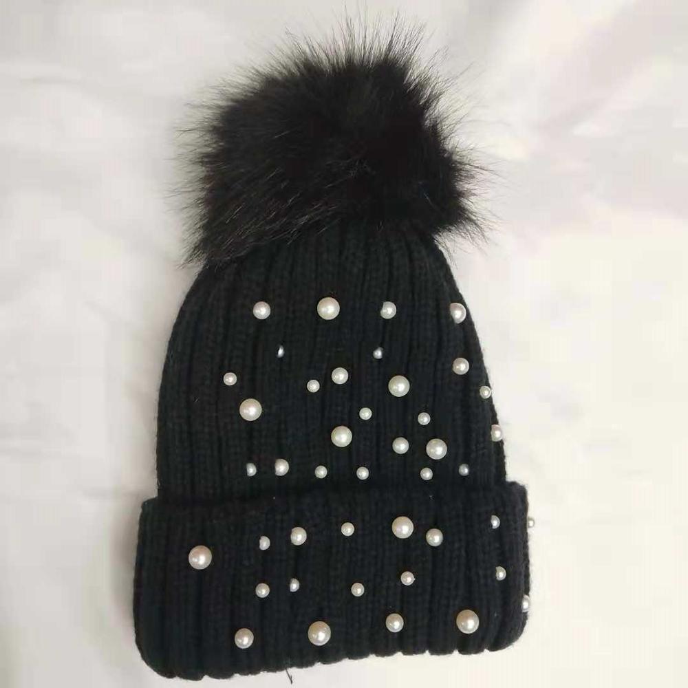 Зимняя шапка с помпоном для девочек, вязаная теплая шапка с жемчугом