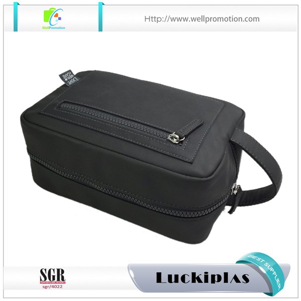 Bolsa de maquillaje cosmético de viaje para hombre de cuero negro con logotipo personalizado