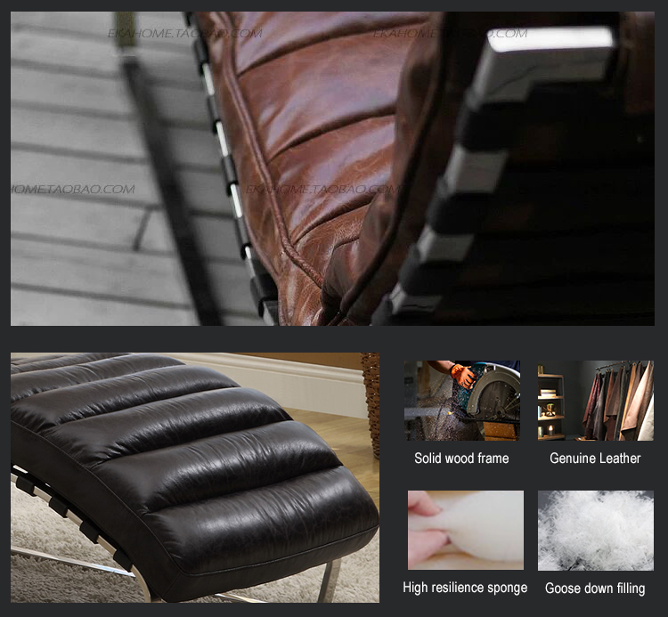 vintage leather chaise lounge sofa stainless steel frame living room daybed  comfortable single lounge chaise for bedroom