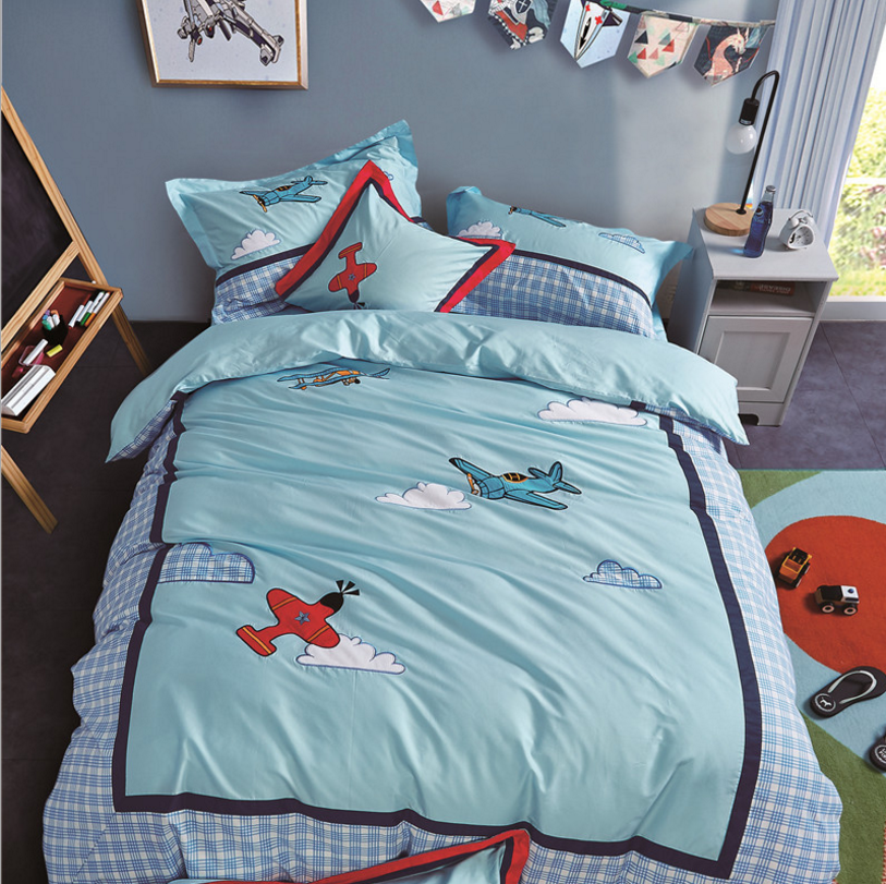 Duvet cover set,  Embroidered Boat child and kids bedding, Coordinates with Olive Kids Design-Trains, Plane,Trunk, Motorcycle