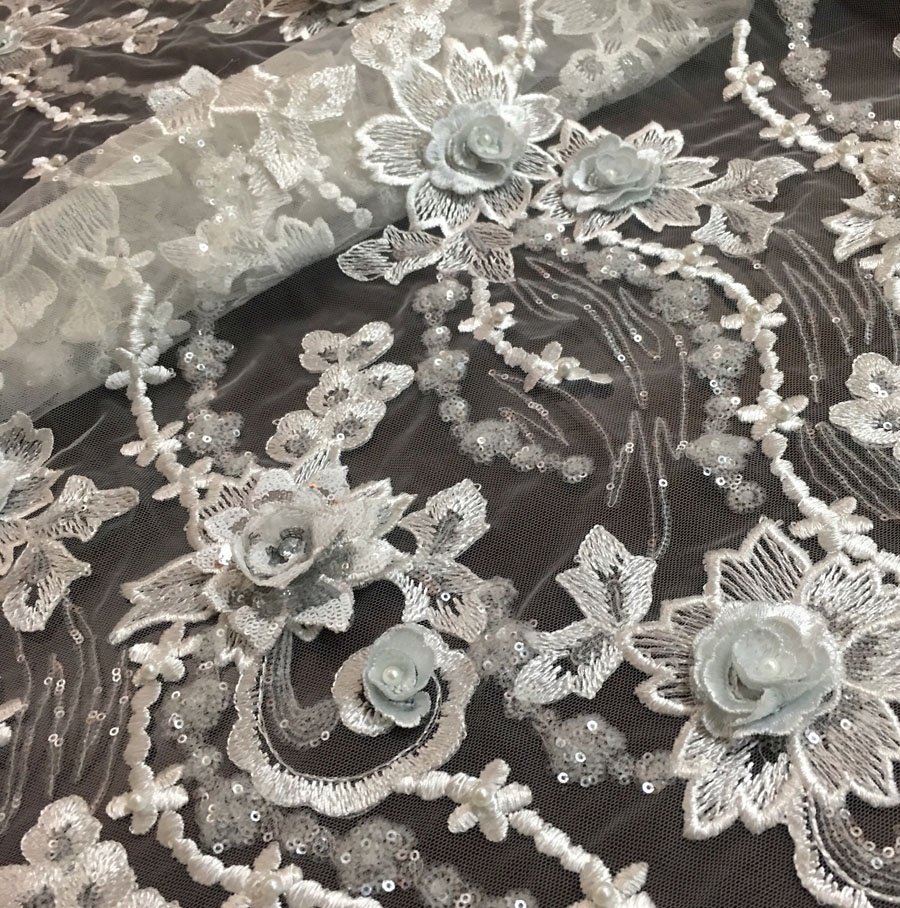 Свадебная вышитая блестками кружевная ткань с 3d цветочной аппликацией жемчужинами камнями кружевная ткань для платья или свадьбы