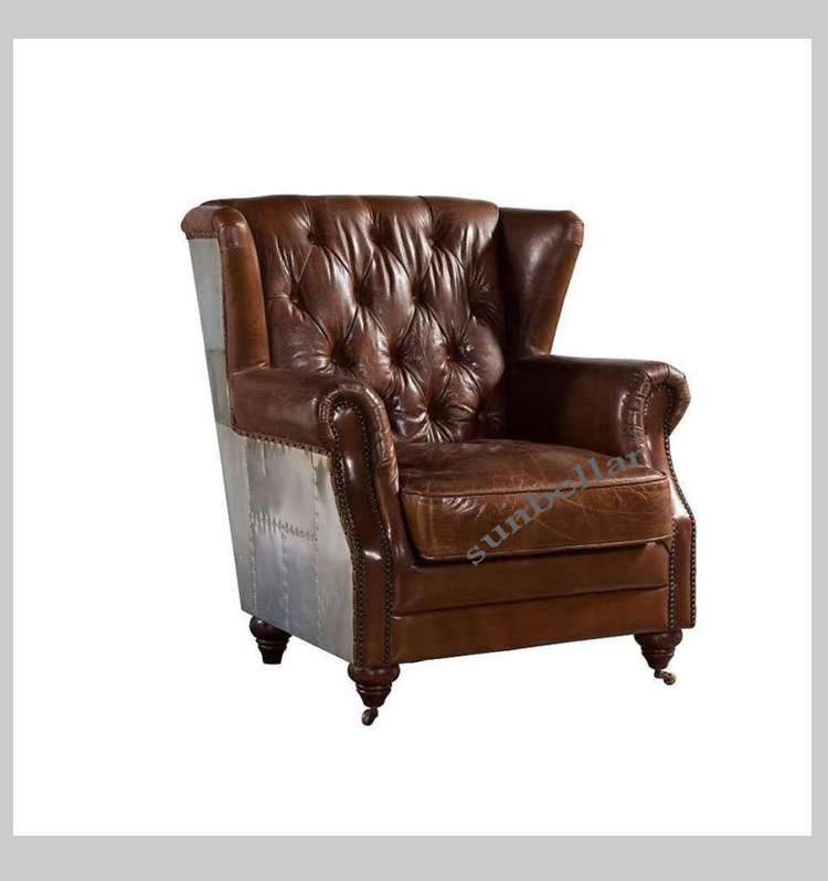 luxury American village vintage genuine leather wing back chair tufted buttons chesterfield rolled arm high back sofa chair