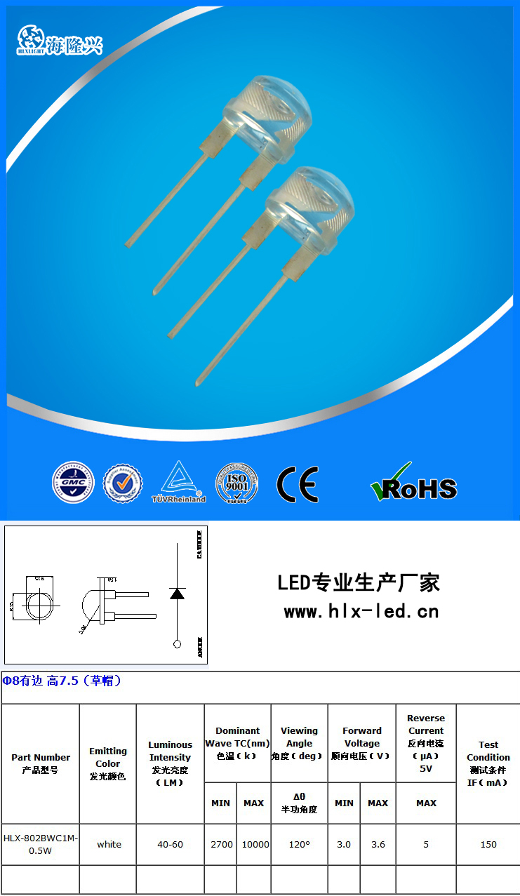 8mm straw hat led diode with blue light