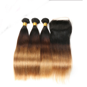 Manka Indian Hair Bundles #1b/4/27 4*4 Remy Straight Ombre Human Hair with Lace Closure Salon One Pack