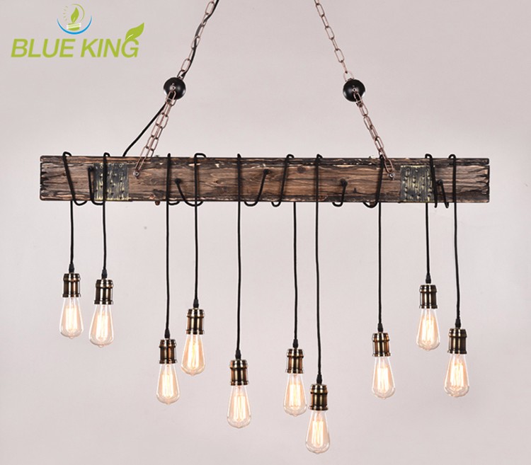 industrial Indoor retro Metal loft Vintage wood Hanging light loft rustic wood boat rectangular chandelier