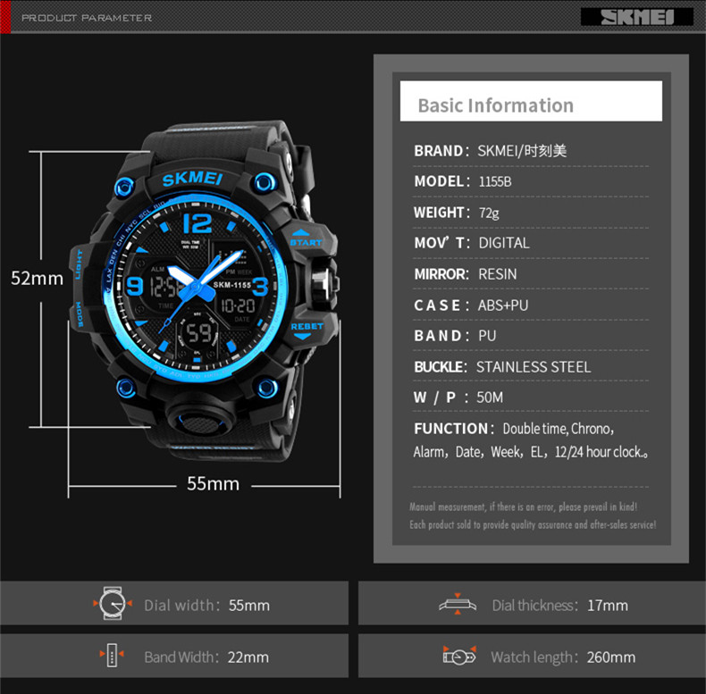 hot selling SKMEI 1155B dual time sport watch analog digital watches for men