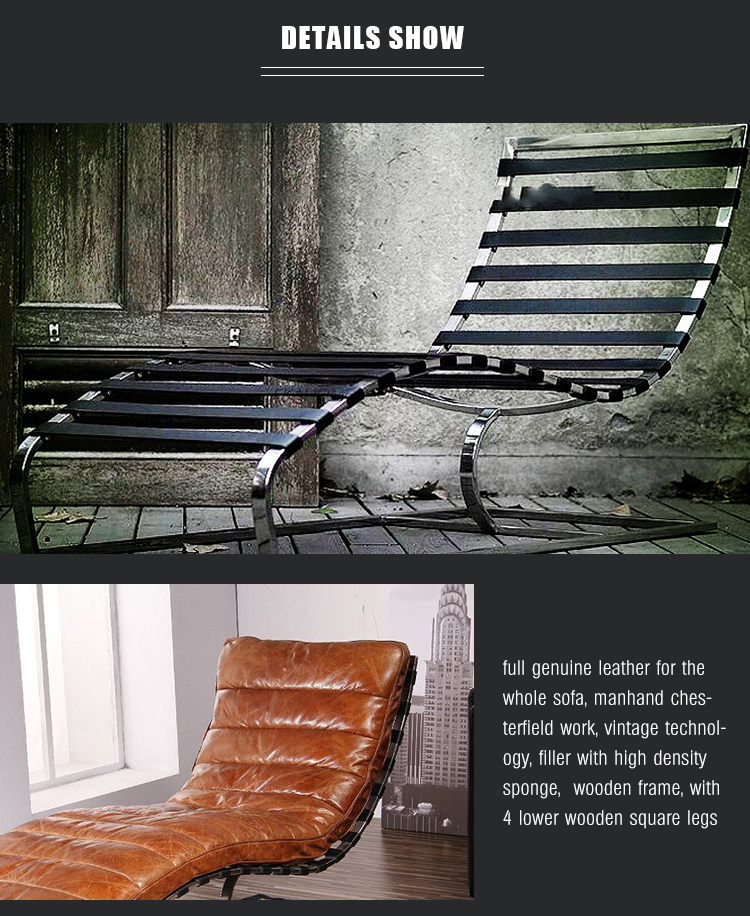 vintage leather chaise lounge sofa stainless steel frame living room daybed  comfortable single lounge chaise for bedroom