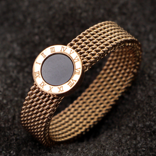 Hot Selling Personalised Black Roman Numerals 316L Stainless Steel Rose Gold Disc Mesh Band Ring For Women