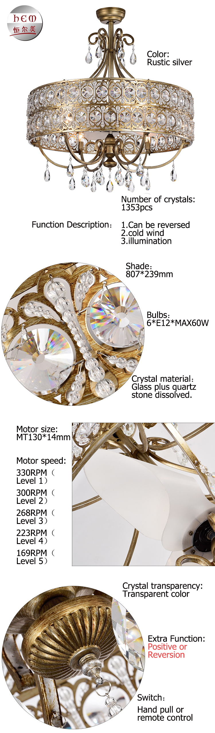 DC Motor Crystal Chandelier Ceiling Fan National Remote Control Ceiling Fan With Lamp