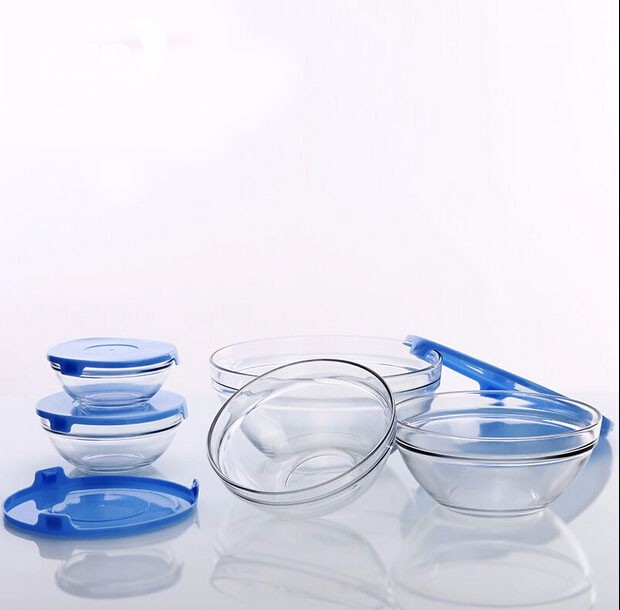 Haonai popular cheap antique 5pcs glass bowl set with plastic lid