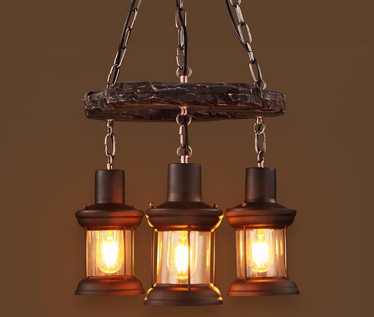 3 heads vintage iron wooden color chandelier led pendant lights modern for hotel