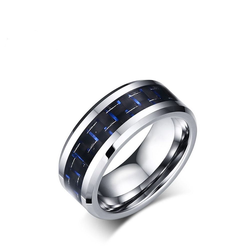 Мода 8 мм углеродного волокна инкрустация синий центр вольфрам карбида кольцо для мужчин