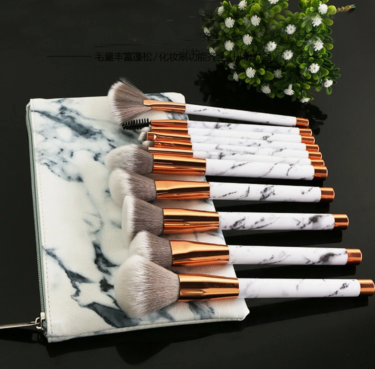 Synthetic marble 11 pcs kabuki makeup brush set with marble PU zipper bag