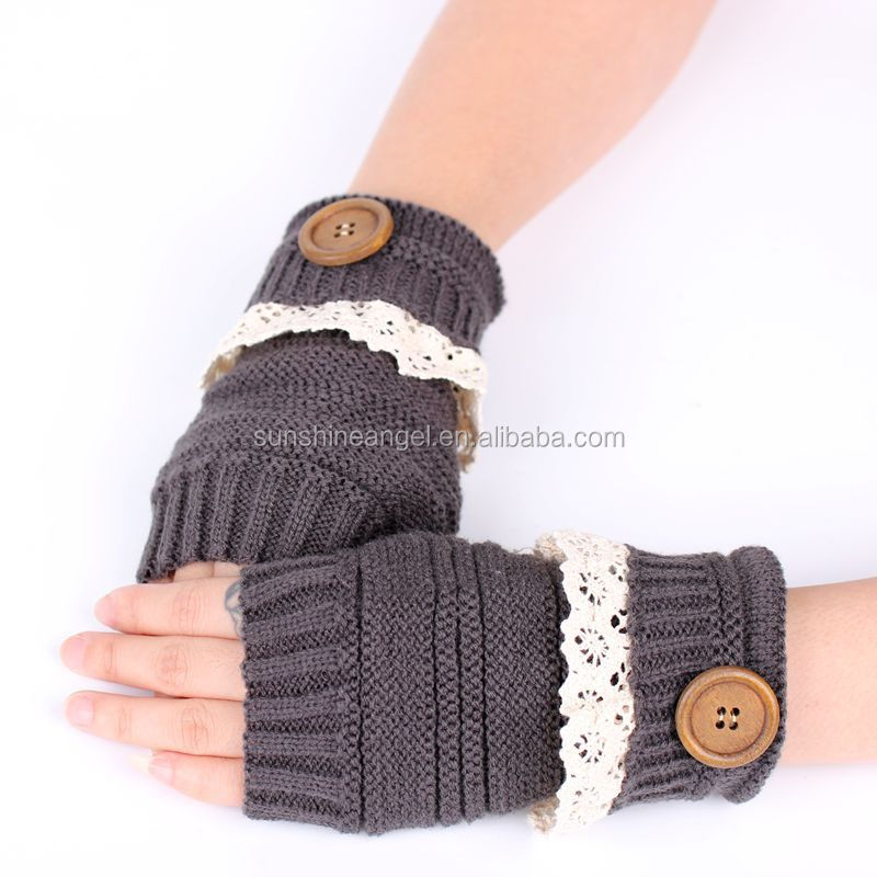 Модные Новое поступление для женщин без пальцев кружево зима теплая Кнопка руки запястье теплые вязаные перчатки