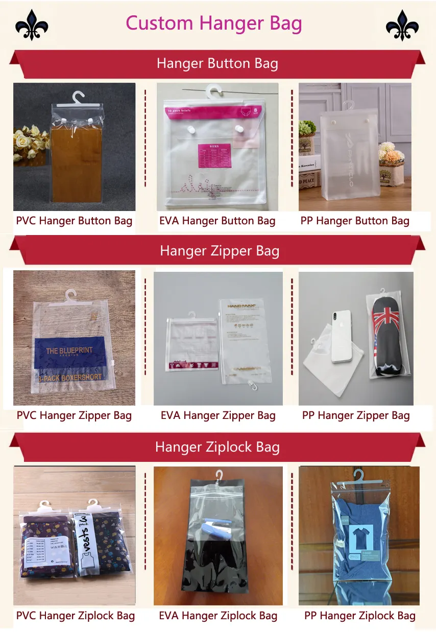 custom pvc eva poly plastic hanging hook packaging bag with button
