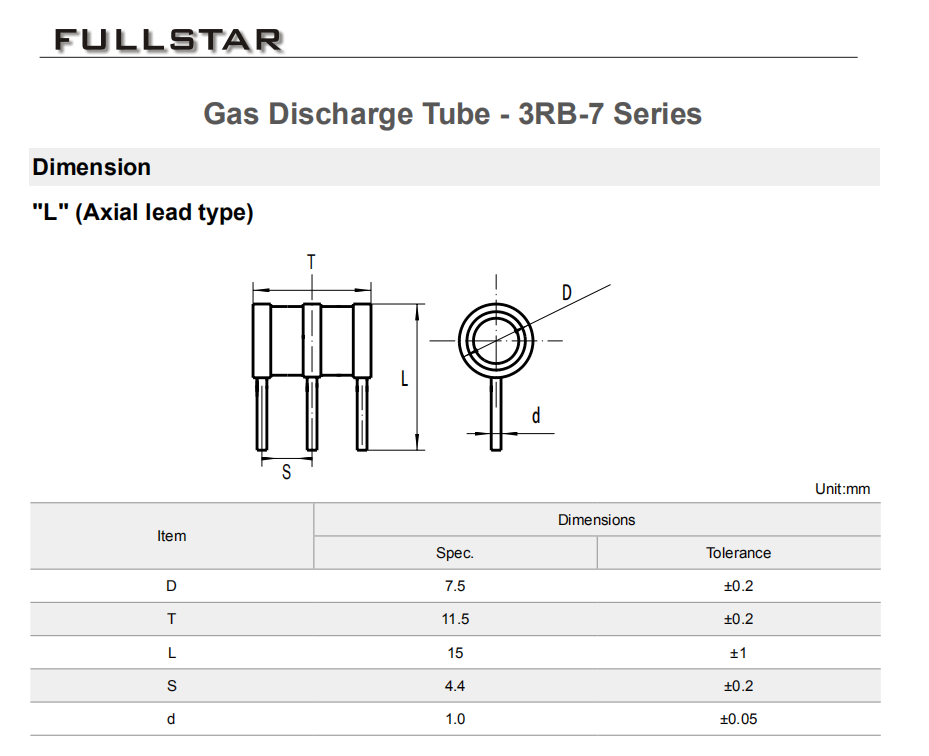 GAS TUBE 260V 5A//5KA 3PIN CORE 10 pieces