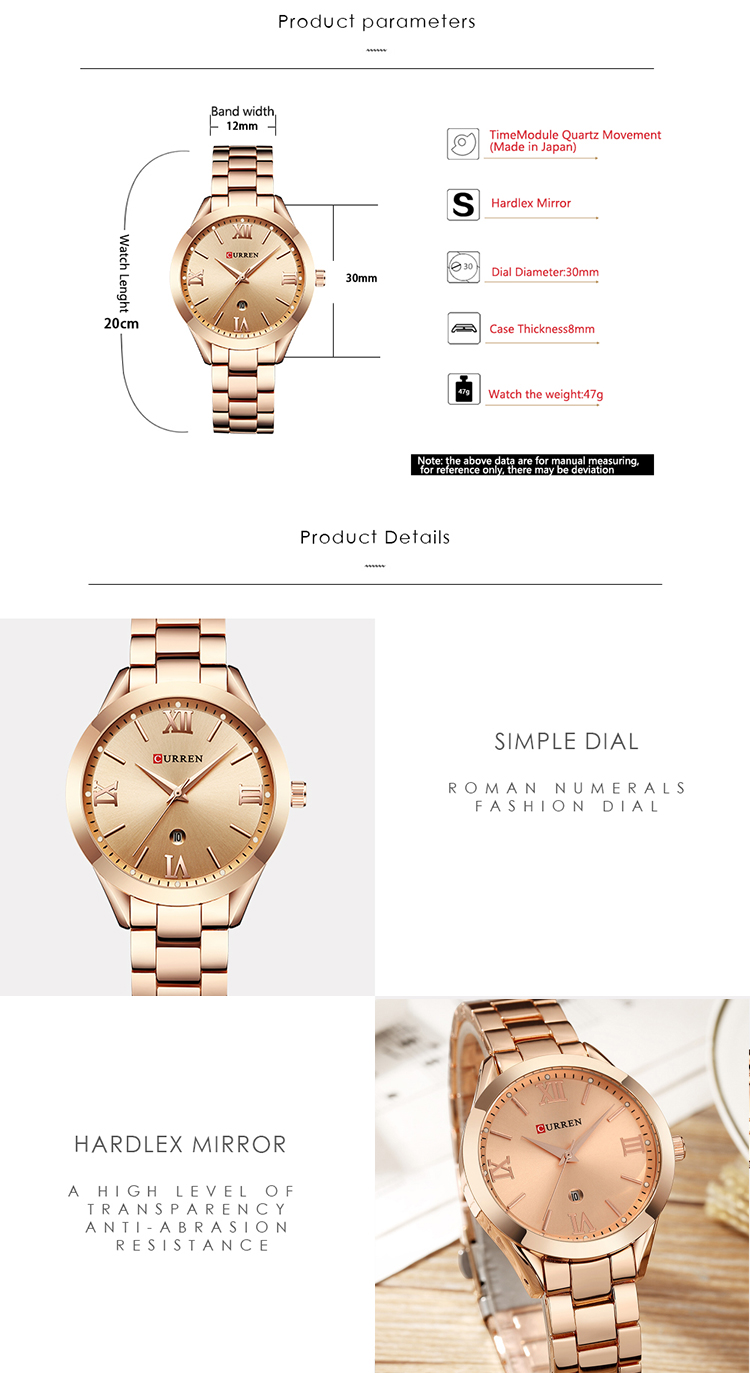CURREN-montre à Quartz pour femmes, de luxe, en or Rose, bracelet, horloge, 9007