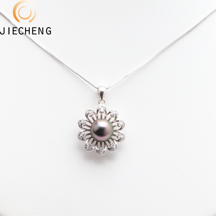 Mais recente moda Do Taiti 9-10mm mar rodada 925 sterling silver pearl pendant colares de flor pingente de pérola negra