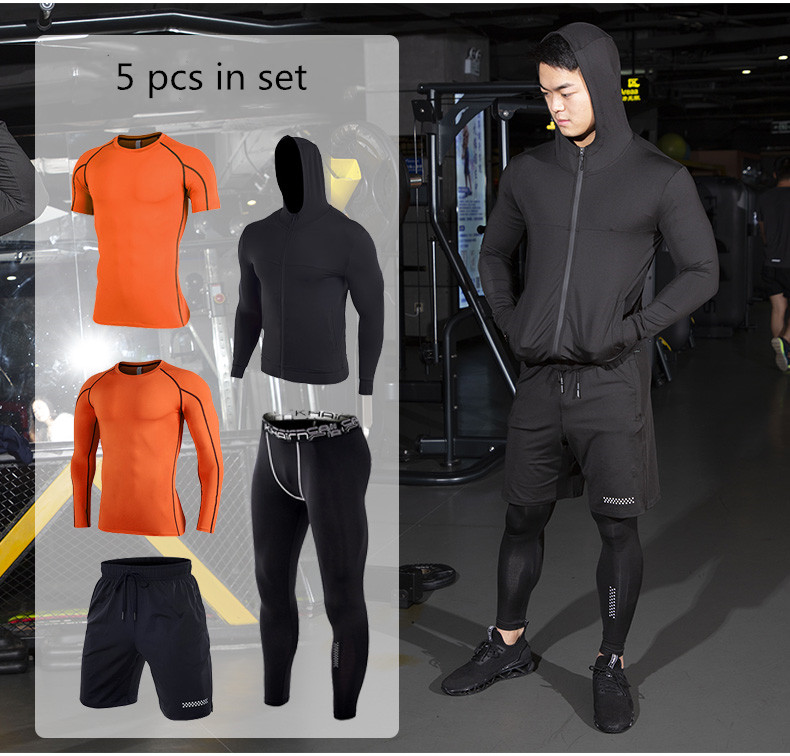 5 piece in set men quick dry training wear set gym clothes running suits breathable running  wear sport suit for man