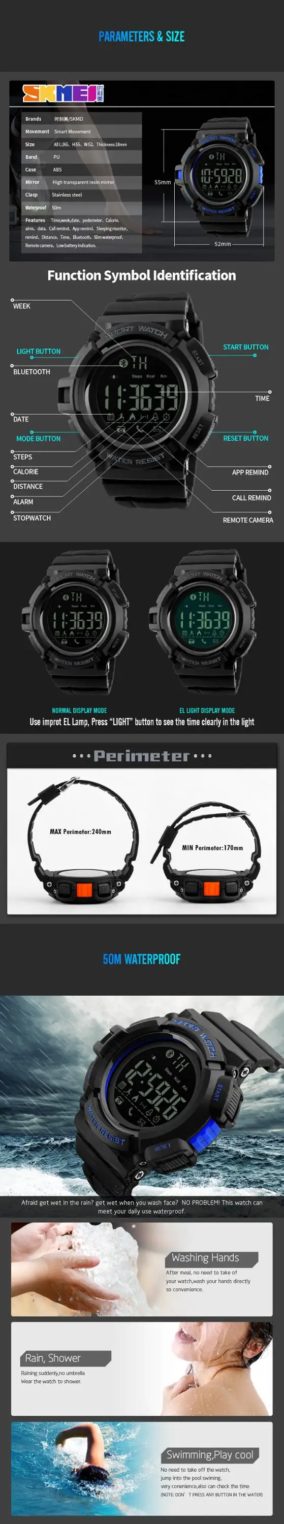 Skmei 1245 digital mens watches 5 ATM waterproof wristwatches smart watch