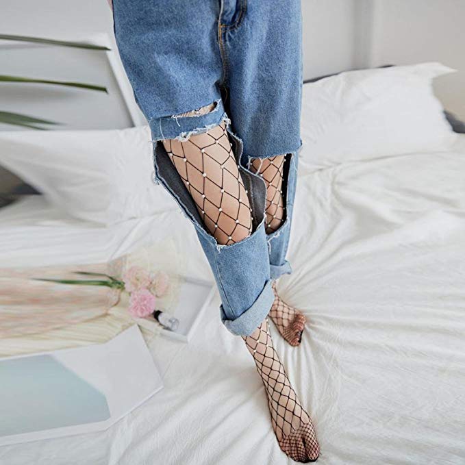 蕾丝顶级网格高大腿丝袜紧身裤连裤袜长袜子与珍珠 - buy fishnets
