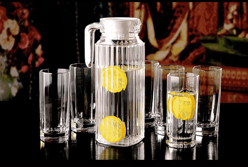 34 Oz Glass Pitcher and Drinking Glasses Set - Thick Glass Serving Jug and Six 10 Oz. Tall Cups (Dishwasher Safe)
