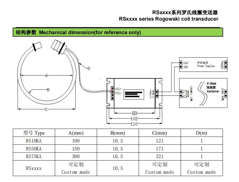 3 phase rogowski coil ct 1000A/333mv with 2m wire lead