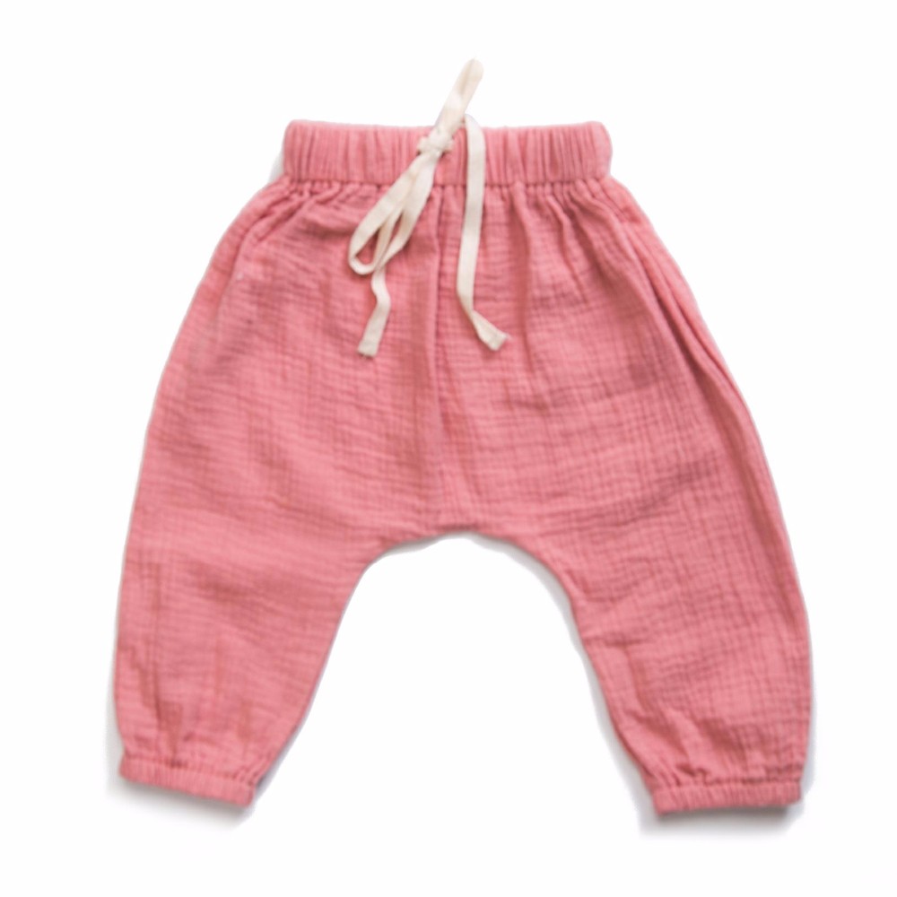 Лидер продаж 2020, розовые хлопковые брюки из муслина, осенняя одежда для девочек, эластичная талия с бантом