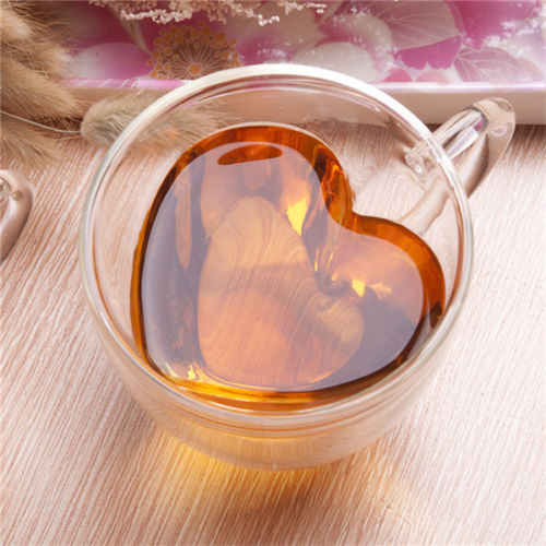 240/180ml Heart Shaped Heat Resistant Double Wall Layer Clear Glass Tea Cups Mug