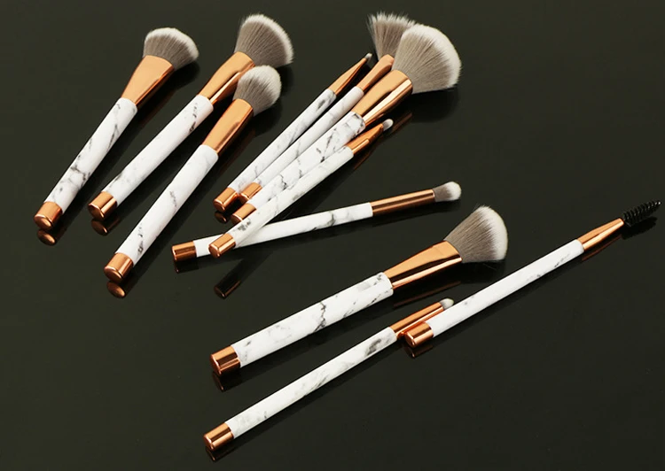 Synthetic marble 11 pcs kabuki makeup brush set with marble PU zipper bag