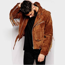 Wholesale good quality stylish vintage biker style fitness men suede fringe jacket custom